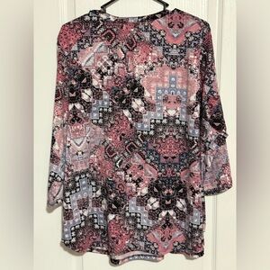 Southern Lady Boho Patchwork Print Blouse XL Pink Black 3/4 Sleeve